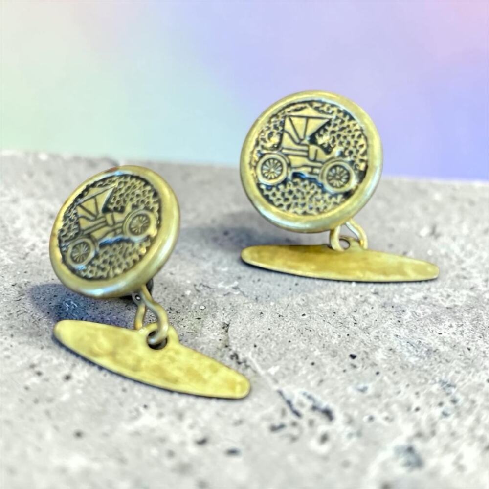Vintage Horse Carriage Cufflinks Brass Victorian Carriage Set